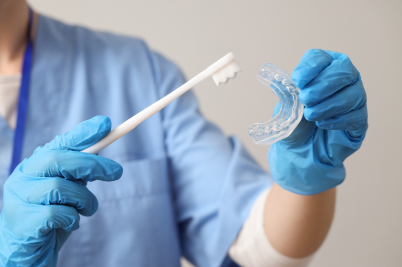 外したマウスピースのお手入れ方法を説明する歯科医師