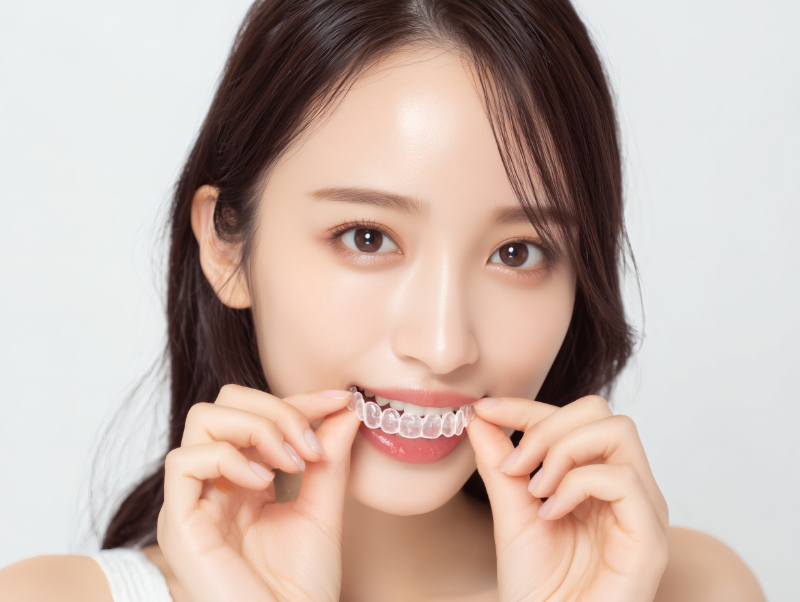 マウスピース矯正のマウスピースを正しい方法で外す女性