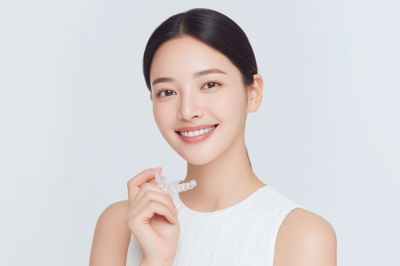 マウスピース矯正で歯列が整える女性