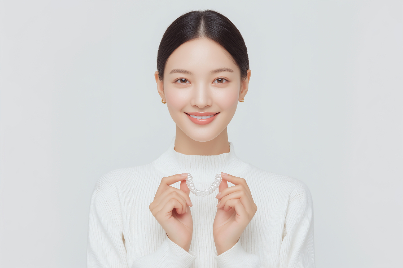 マウスピース矯正のマウスピースを外す女性