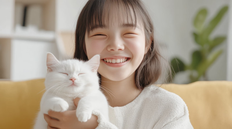 床矯正で美しい歯並びになった笑顔の子どもが愛猫を抱っこしているイメージ