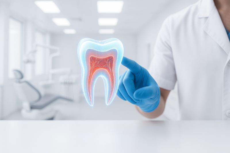 根管治療中に痛みを感じるのはどうしてなのか説明する歯科医師