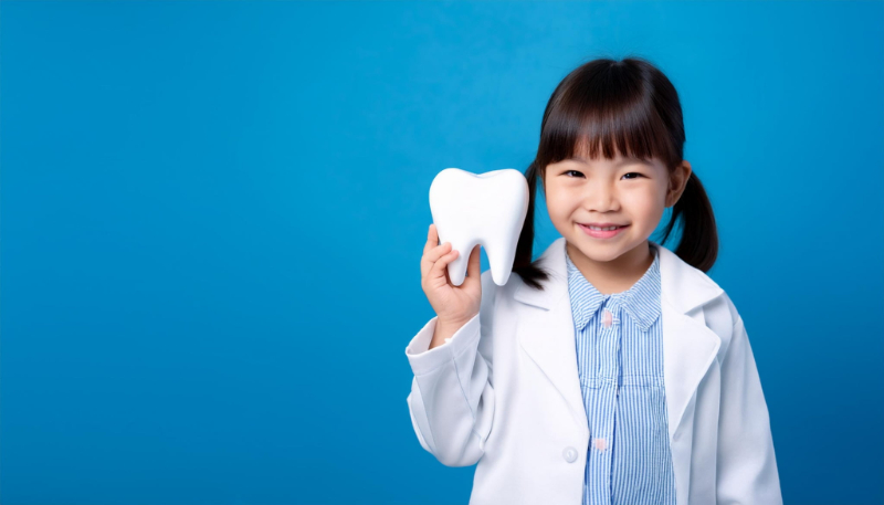 歯磨きが重要な理由を説明する歯の模型を手にした白衣の子ども