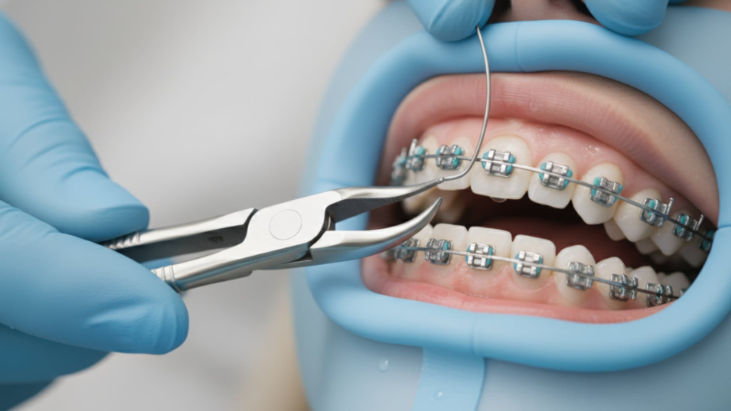ワイヤー矯正の装置を歯科医が患者に装着しているイメージ