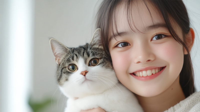 小児矯正の1期治療のみで綺麗な歯並びになった女の子と愛猫