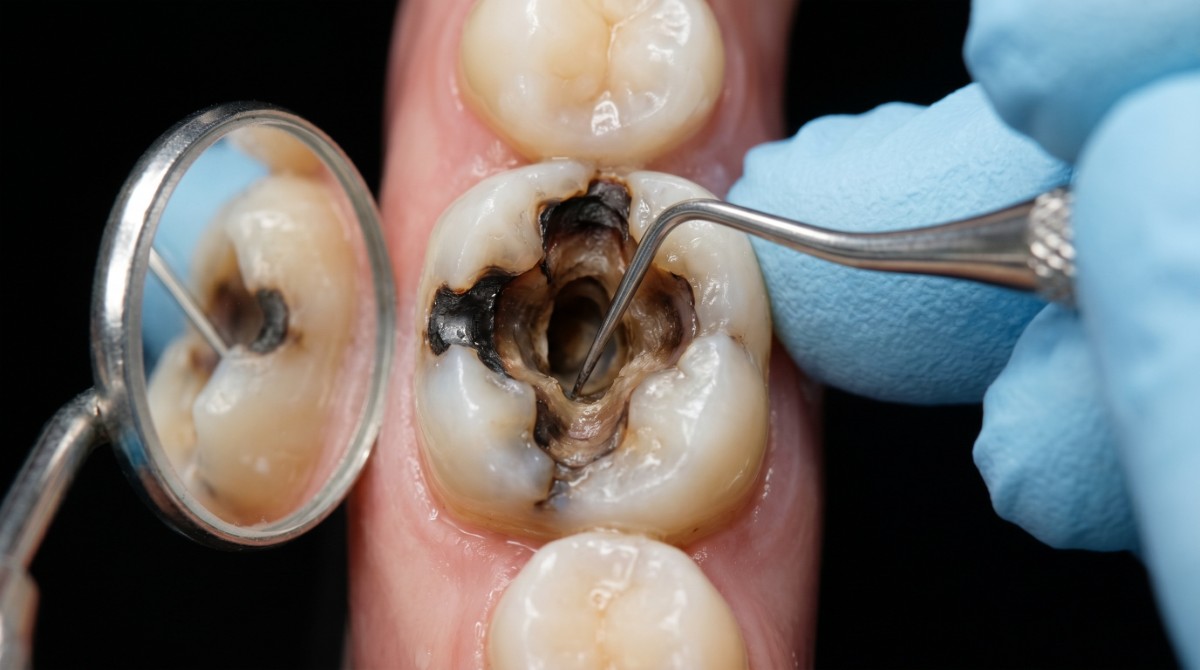 奥歯の虫歯を治療している様子